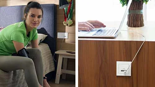 Bildmontage. Links eine Person, die auf dem Bettrand sitzt, in die Kamera schaut und die Hände nach unten streckt. Rechts ein Schreibtisch mit Laptop und einer Person, die gerade an dem Laptop arbeitet..