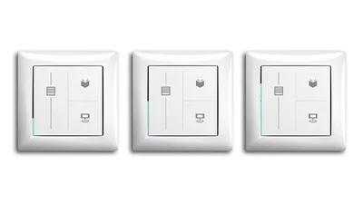 Das Bild zeigt dreimal ein weißes Busch-Trevion® Keypad mit LED-Lichtleitern in verschiedenen Positionen.