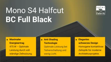 Das Bild zeigt eine Werbegrafik für das Solarmodul „Mono S4 Halfcut BC Full Black“ mit Angaben zur hohen Leistung, Verschattungsresistenz und einem durchgehend schwarzen Design.