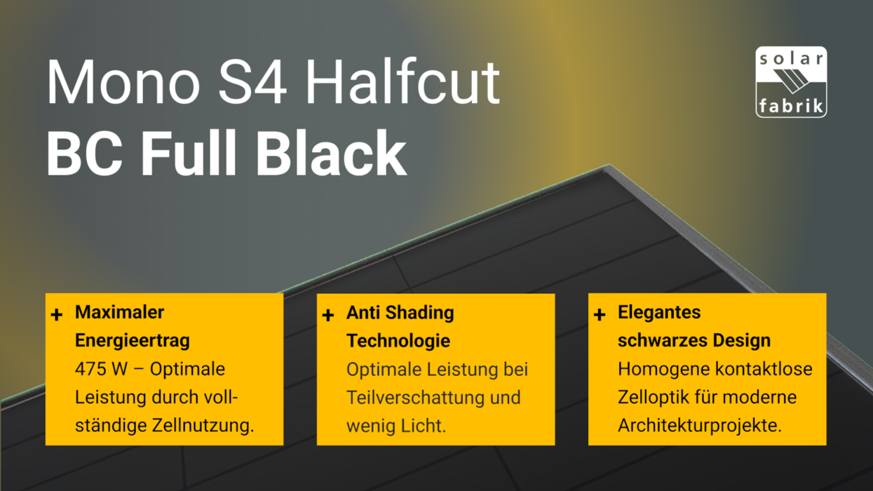Mono S4 Halfcut BC Full Black von Solar Fabrik Das Bild zeigt eine Werbegrafik für das Solarmodul „Mono S4 Halfcut BC Full Black“ mit Angaben zur hohen Leistung, Verschattungsresistenz und einem durchgehend schwarzen Design.
