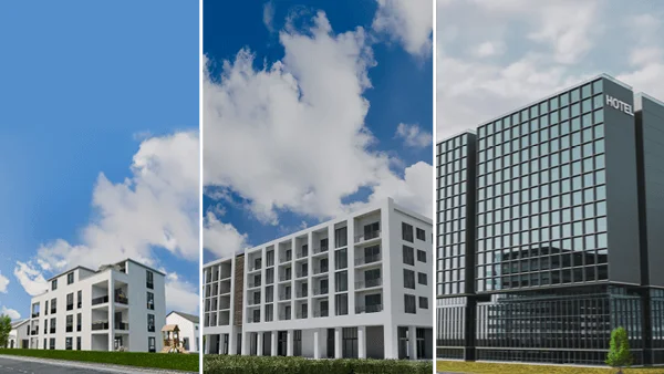 Das Bild zeigt drei moderne Gebäude nebeneinander: links ein mehrstöckiges Wohnhaus, in der Mitte ein größeres Bürogebäude und rechts ein hohes, verglastes Hotel.
