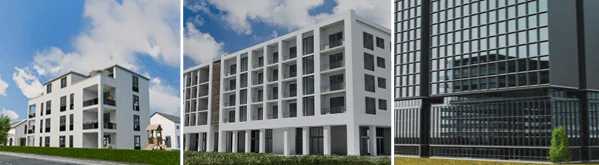 Das Bild zeigt drei moderne Gebäude nebeneinander: links ein mehrstöckiges Wohnhaus, in der Mitte ein größeres Bürogebäude und rechts ein hohes, verglastes Hotel.
