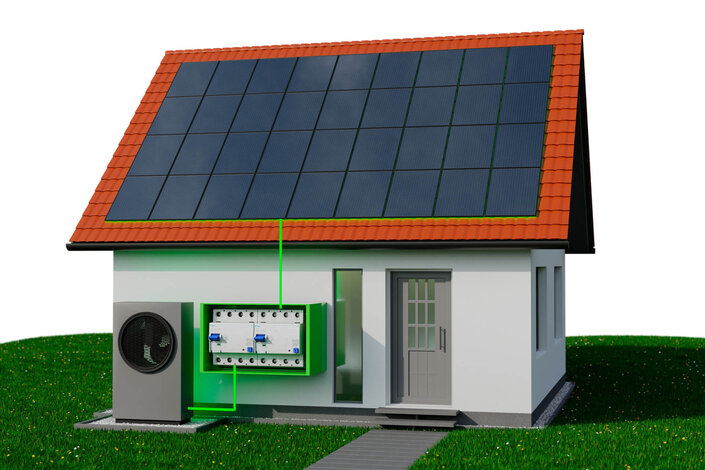 Das Bild zeigt ein modernes Haus mit Solarpanels auf dem Dach, einer Wärmepumpe daneben und einem grünen Stromverteilerkasten an der Außenwand – Symbol für ein energieeffizientes, nachhaltiges Zuhause.