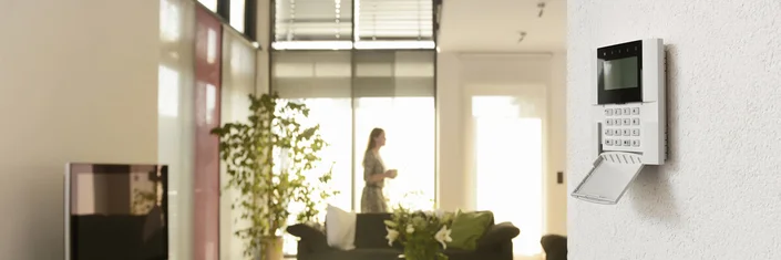 Das Bild zeigt einen offenen Wohnraum. Im Bildvordergrund steht in der Mitte ein Sofa mit Kissen und daneben eine buschige Pflanze. Links steht ein Bildschirm. Die rechte Bildseite nimmt eine weiße Wand ein. Darauf ist ein GSM-Wähl- und Steuergerät befestigt. Das Gerät ist aufgeklappt. Der Bildhintergrund zeigt ein sonnendurchflutetes Fenster. Davor steht eine Person 