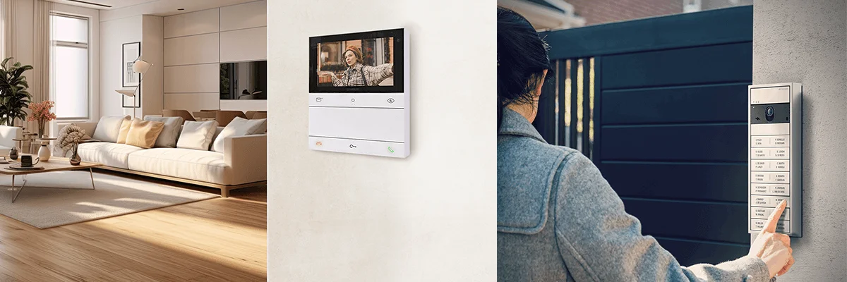 Das Bild zeigt links ein helles modernes Wohnzimmer, in der Mitte ein Innenmonitor einer Video-Türsprechanlage an der Wand und rechts eine Person, die draußen an einer Klingel-/Sprechstelle am Tor klingelt.