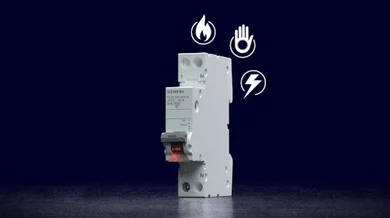 Sentron Fehlerstrom Modul von Siemens. Der Hintergrund ist in Schwarz gehalten