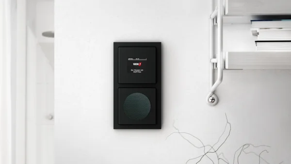 Das Bild zeigt einen schwarzen zweifachen Schalterrahmen mit Bedienfeld für Radio DAB + und Lautsprecher im Wohnumfeld. 
