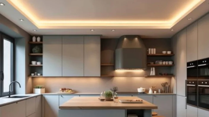 Das Bild zeigt eine moderne Küche mit großen Fenstern, hellgrauen Schränken, offenen Regalen, einer Kochinsel und indirekter Beleuchtung an der Decke.