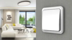 Schalter Delta in der Farbe Weiß und im Hintergrund eine moderne Wohnlandschaft. 