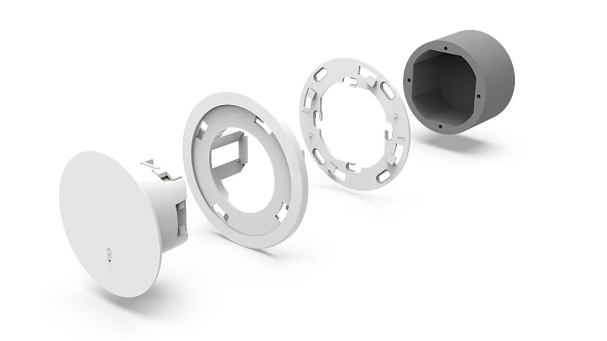 Das Bild zeigt die Bestandteile des HF-Präsenzmelders für die Unterputzmontage vor weißem Hintergrund.