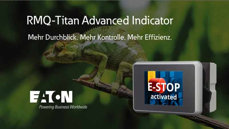 Zu sehen ist eine Eaton-Werbegrafik zum RMQ-Titan Advanced Indicator mit einem Displaymodul und dem Hinweis „E-STOP activated“. Im Hintergrund sitzt ein Chamäleon auf einem Ast.