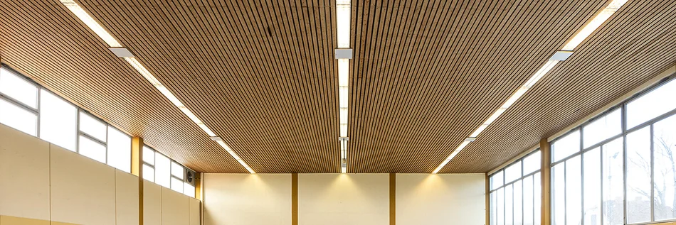 Das Bild zeigt die Decke eines großen Raumes mit großen Fenstern an den Seiten. Die Decke ist mit Holzstreben verkleidet. In die Decke sind in drei Reihen Leuchten hintereinander angebracht. 