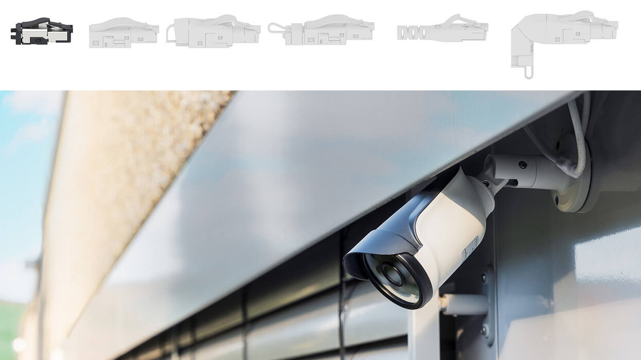 Das Bild zeigt eine Überwachungskamera, die an einer Gebäudewand montiert ist. Oben sind technische Zeichnungen von Steckverbindern abgebildet.