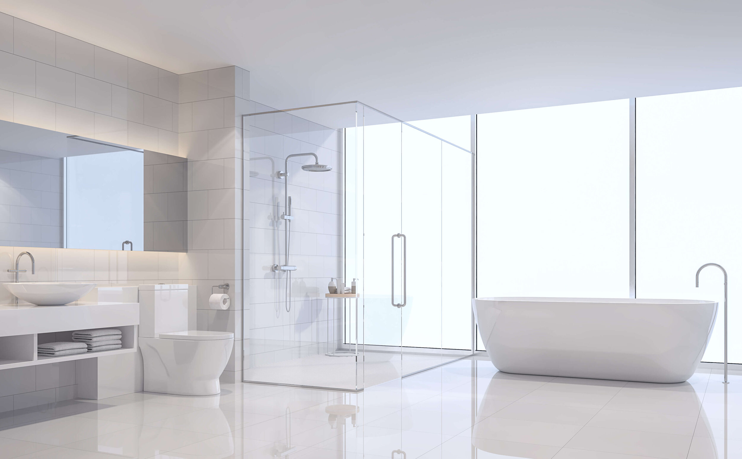 Offene Dusche im Badezimmer und daneben noch eine Badewanne