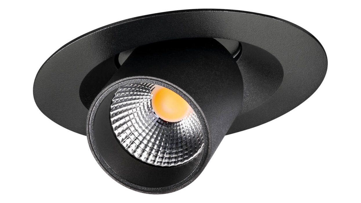 Ein schwarzes Downlight Junistar Tube Round vor weißem Hintergrund