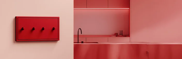 Das Bild zeigt eine moderne, minimalistische Küche in Rottönen. Im Vordergrund befindet sich ein rotes Bedienfeld mit vier Drehknöpfen an der Wand, im Hintergrund eine Küchenzeile mit Spüle und dezentem Licht.