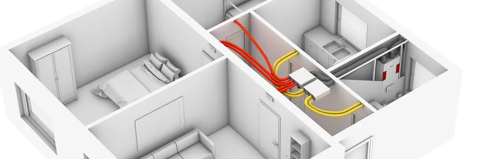 Eine 3D-Darstellung eines Wohnungsgrundrisses mit sichtbaren Lüftungskanälen in Rot und Gelb, die zu einer zentralen Lüftungseinheit geführt sind.