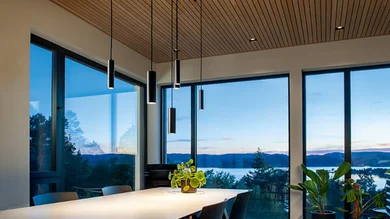 Blick in einen modernen Wohn-/Essbereich mit Tube Pendel Leuchten von SG Leuchten und blick aus dem Fenster.