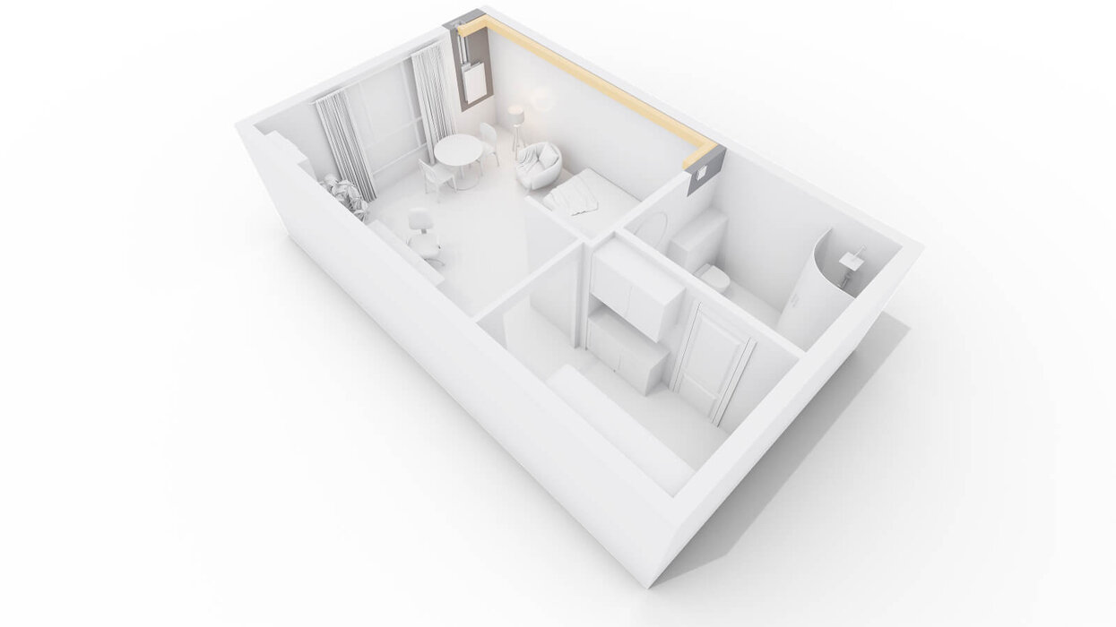 Das Bild zeigt eine minimalistische 3D-Visualisierung einer kleinen Wohnung mit Wohnbereich, Schlafbereich, Bad und Küche. Die Räume sind offen und modern gestaltet.