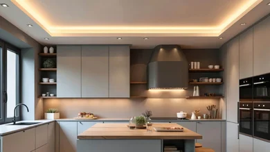 Das Bild zeigt eine moderne Küche mit großen Fenstern, hellgrauen Schränken, offenen Regalen, einer Kochinsel und indirekter Beleuchtung an der Decke.