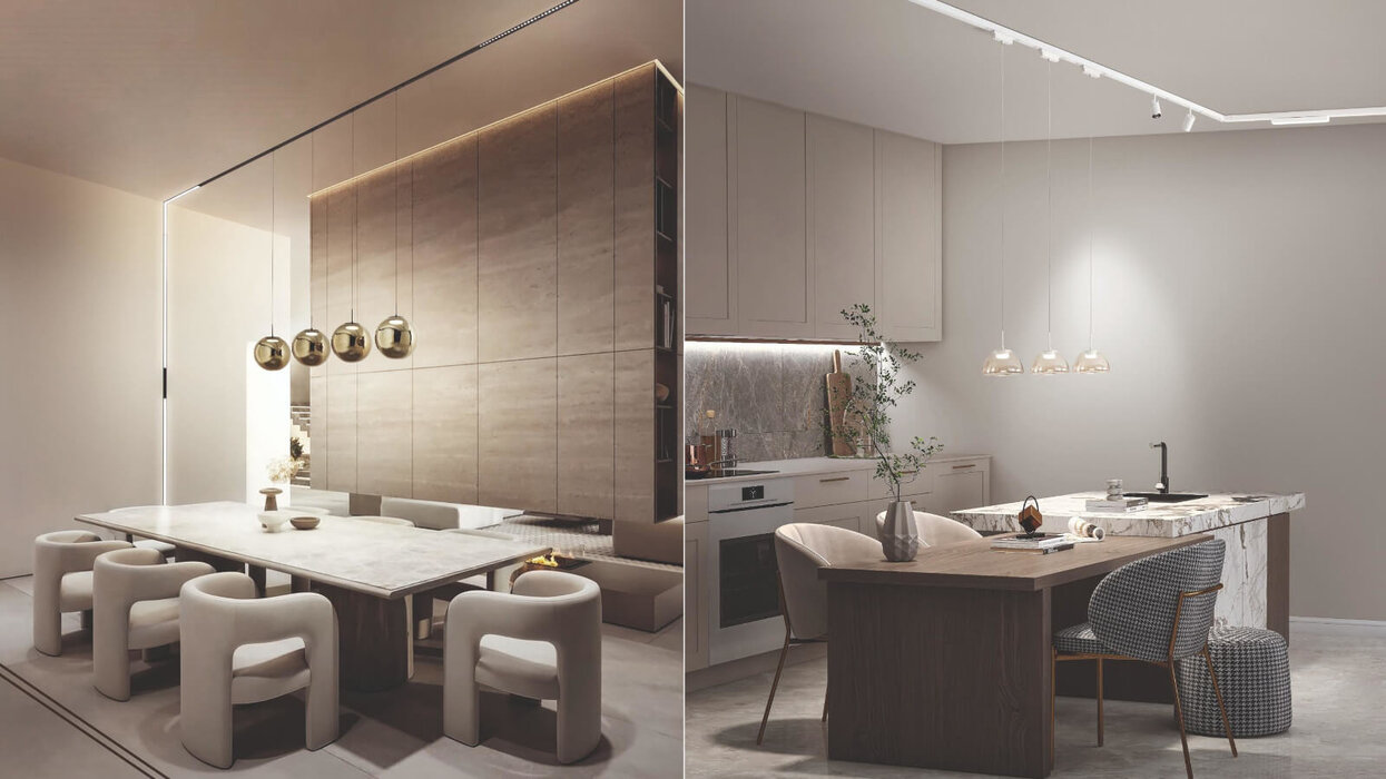 Zwei moderne Innenräume in neutralen Tönen: links ein Essbereich mit großem Steintisch, sechs gepolsterten Sesseln und goldenen Pendelleuchten; rechts eine Küche mit Marmorinsel, Holzanbau und drei Hängeleuchten. Die Rückwände zeigen Stein- und Betonoptik mit indirekter Beleuchtung.