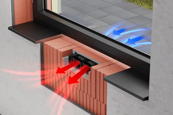 Das Bild zeigt einen Querschnitt einer Wand mit eingebautem Lüftungsgerät unter einem Fenster. Blaue Pfeile deuten auf einströmende Außenluft hin, rote Pfeile zeigen die Verteilung der erwärmten Luft ins Rauminnere.