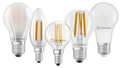 5 LED-Leuchtmittel in verschiedenen Glühbirnenformen.
