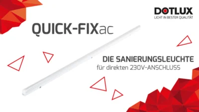 Das Bild zeigt eine Sanierungsleuchte QUICK-FIXac auf weißem Hintergrund. In der linken oberen und der rechten unteren Ecke sind rote Dreiecke angehäuft. In der rechten oberen Ecke ist das Dotlux-Logo eingefügt. Um die Leuchte herum sind einige weiße Dreiecke mit roter Umrandung platziert. Der Text QUICK-FIXac, die Sanierungsleuchte mit direktem 230V-Anschluss ist in das Bild integriert.