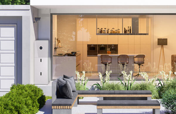 Das Bild zeigt eine Außenansicht eines modernen Hauses mit großer Glasfront; links steht eine weiße Geräteeinheit, davor befinden sich Gartenmöbel und Pflanzen.