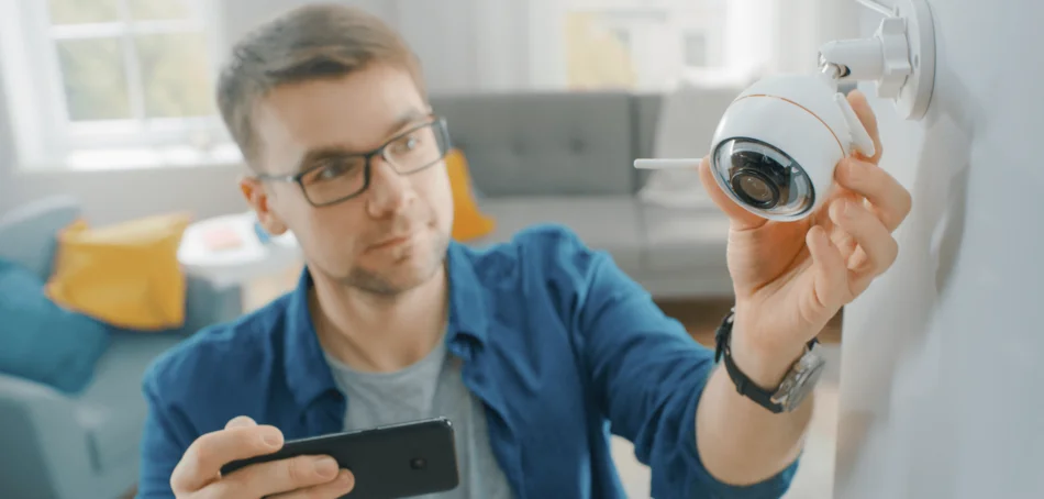 Person montiert gerade eine Überwachungskamera an der Wand und richtet sie aus.
