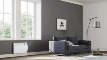 Das Bild zeigt ein modern eingerichtetes Wohnzimmer, mit grauer Wand und Sofa.