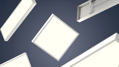 Mehrere quadratische und rechteckige LED-Panels sind vor einem dunkelblauen Hintergrund aus unterschiedlichen Perspektiven dargestellt.