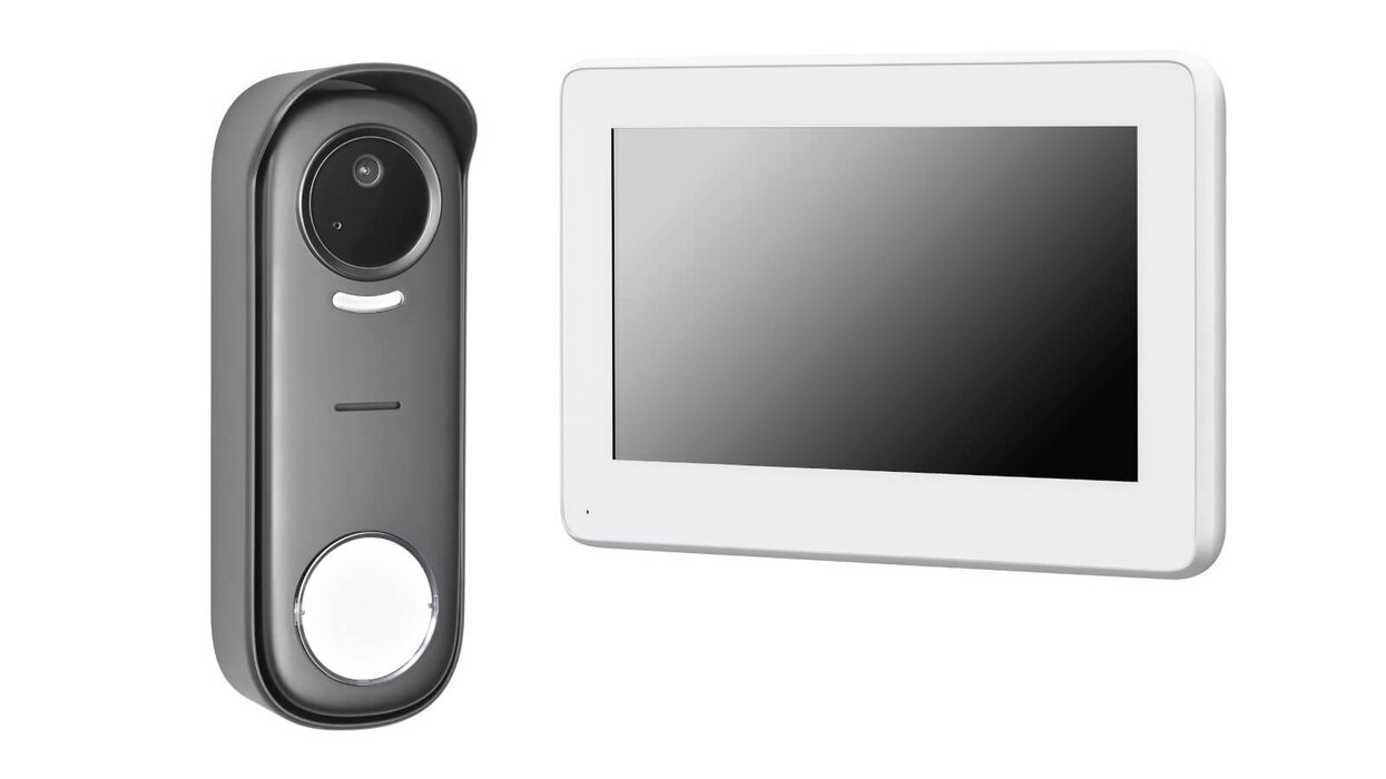 Produktabbildung einer Video-Türsprechanlage mit Kamera und Klingeltaste sowie einem dazugehörigen Innenmonitor zur Anzeige und Kommunikation mit Besuchern.