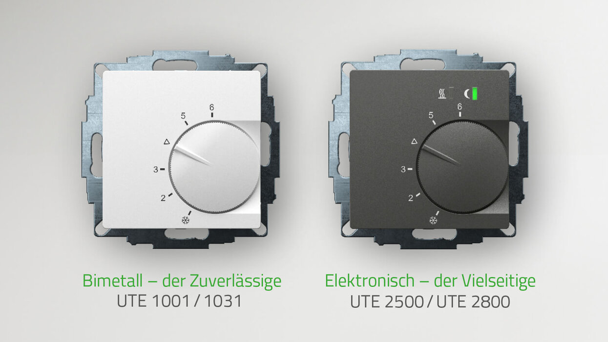 Das Bild zeigt zwei Heizungsregler mit Drehknopf, einer in Weiß und einer in Schwarz, jeweils mit einem Metallträger und Bezeichnungen darunter