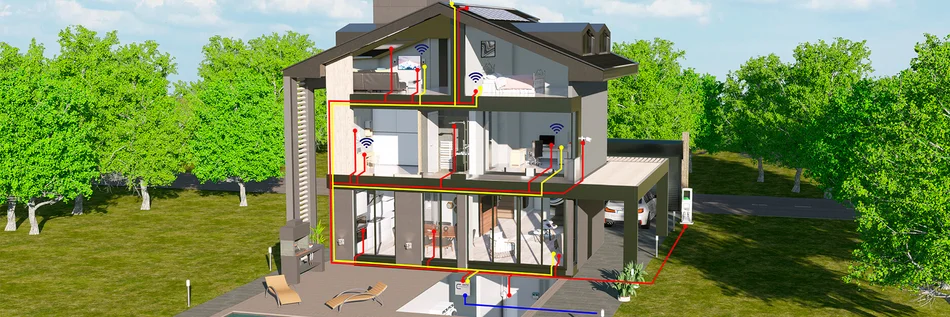 Grafische Darstellung eines Querschnitts eines mehrstöckigen Wohnhauses , welches die verschiedenen Verbindungsmöglichkeiten anhand von gelben und roten Linien zeigt.