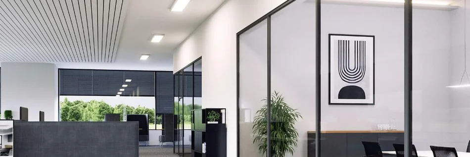 Das Bild zeigt einen offenen, modernen Büroflur mit Glastrennwänden, viel Tageslicht und stilvollen Deckeneinbauleuchten. Eine Pflanze und ein abstraktes Wandbild sorgen für eine freundliche Atmosphäre; rechts ist ein Besprechungsraum sichtbar