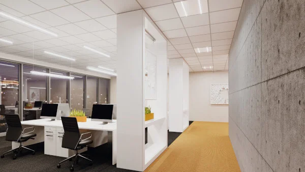 Modernes Großraumbüro mit Schreibtischen in der Farbe Weiß, Bürostühlen und Schranktrennwänden.