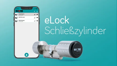 Das Bild zeigt einen Grothe-eLock-Schließzylinder neben einem Smartphone mit geöffneter Grothe-App vor türkisem Hintergrund.