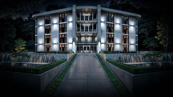 Das Bild zeigt ein modernes, symmetrisch gestaltetes Gebäude bei Nacht. Es ist hell beleuchtet und hat eine repräsentative Glasfassade mit mehreren Etagen. Vor dem Eingang führt ein breiter, gerader Weg über eine Brücke mit seitlichen Wasserfällen, eingerahmt von gepflegten Hecken und Wasserbecken. Das Gebäude wirkt imposant und futuristisch, eingebettet in eine von Bäumen umgebene Umgebung.