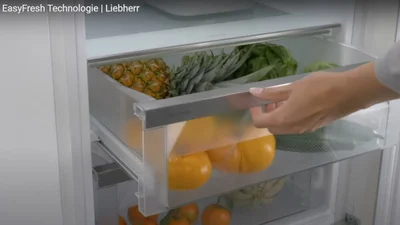 Person zieht ein Kühlfach mit frischem Obst und Gemüse aus dem Kühlschrank von Liebherr.