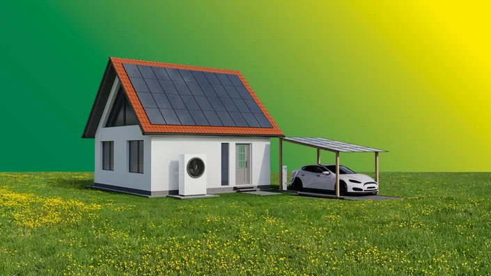 Das Bild zeigt ein Einfamilienhaus mit Solaranlage auf dem Dach, einer Wärmepumpe an der Hauswand und einem Carport mit einem Elektroauto darunter. Der Carport ist ebenfalls mit Solarpanelen ausgestattet. Das Haus steht auf einer grünen Wiese mit gelben Blumen, der Hintergrund ist ein Farbverlauf von Grün zu Gelb.
