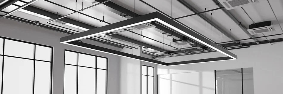 Das Bild zeigt die Decke eines renovierten Fabrikraumes mit großen Fenstern. An der Decke ist an einem Metallgestänge die modulare Büroleuchte CONNECT von Dotlux befestigt.