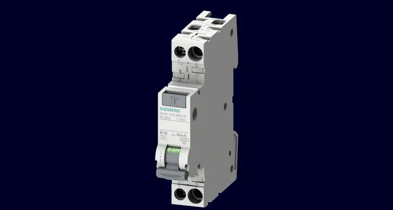 Das Bild zeigt einen elektrischen Schutzschalter von Siemens. Das Gerät ist grau, hat vorne eine Beschriftung und einen grünen Schalter mit der Aufschrift „ON/OFF“. Es ist vor einem dunklen Hintergrund dargestellt.