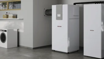 Das Bild zeigt eine Luft-Wasser-Wärmepumpe von Stiebel Eltron.