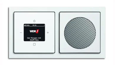 Das Bild zeigt eine Kombination aus einem Bedienfeld für Radio DAB + und einem Lautsprecher in einem zweifachen Schalterrahmen.