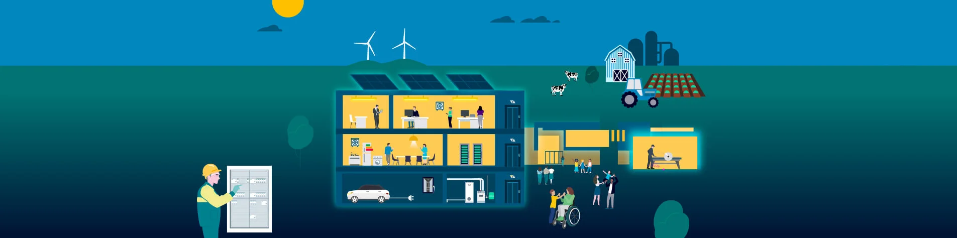 Die Grafik zeigt ein Haus im Querschnitt mit mehreren Etagen, in denen Menschen arbeiten und Geräte genutzt werden. Im Hintergrund sind Windräder, ein Bauernhof, Felder und ein Techniker mit Schaltschrank zu sehen.
