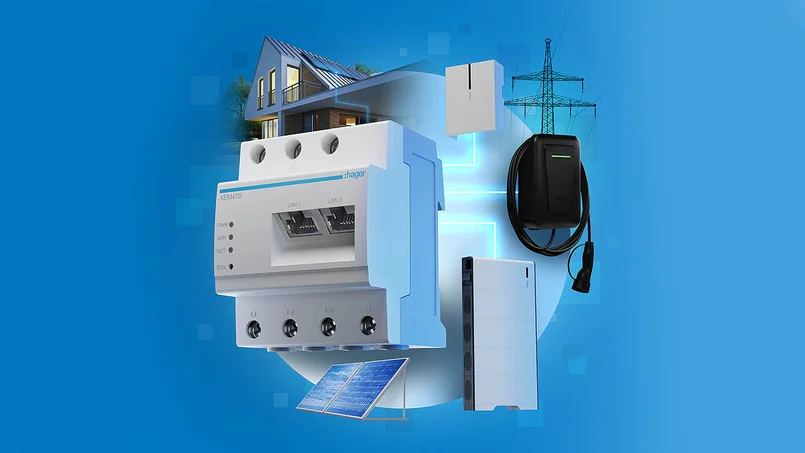 Das Bild zeigt ein vernetztes Smart Home mit zentralem Energiemanagement, Solarmodul, Wallbox, Stromspeicher und moderner Hausinstallation vor blauem Hintergrund. Symbole für Photovoltaik, E-Mobilität und Stromnetz sind integriert.