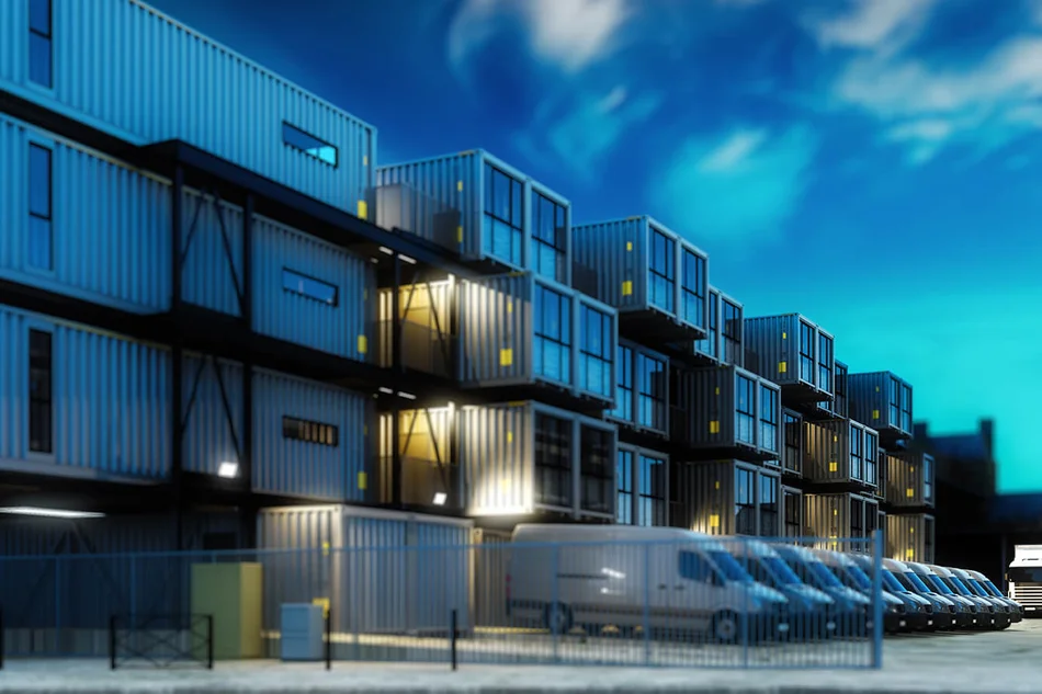 Das Bild zeigt einen Büro- und Lagerkomplex in der Dämmerung. Das Gebäude besteht aus containerähnlichen, länglichen Modulen, an deren Stirnseiten Fenster eingebaut sind. Die Module sind versetzt angeordnet. Ein Bereich des Komplexes wird beleuchtet. Vor dem Bürogebäude stehen in einer Reihe nebeneinander 9 weiße Transporter. 