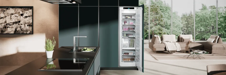 Blick in eine moderne Wohn- und Küchenlandschaft. Im Vordergrund eine Küchenzeile in der Farbe blaugrün mit geöffneter Kühl- und Gefrierkombination von Liebherr. Dahinter eine Wohnlandschaft mit Sofa.