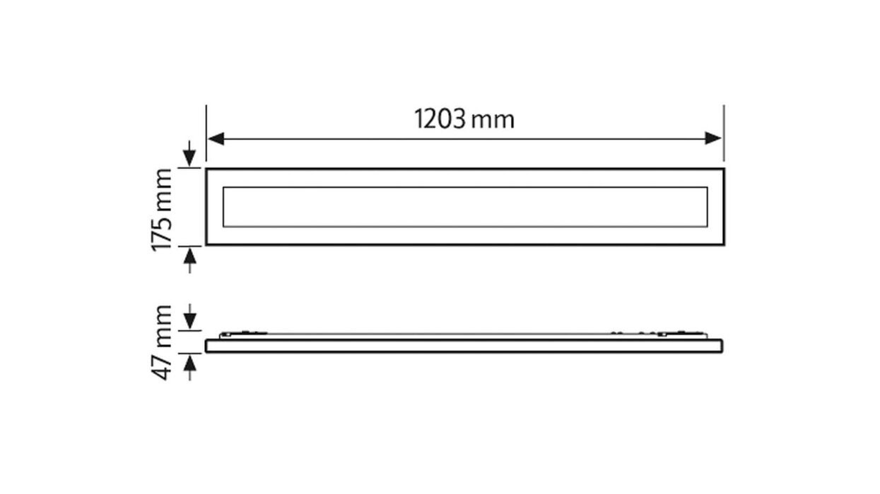 Das Bild zeigt eine technische Zeichnung einer quadratischen Deckenleuchte mit den Maßen 1203 x 175 x 47 mm.